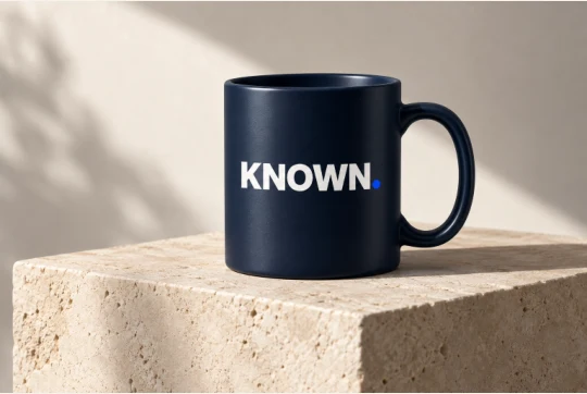 تطبيق شعار KNOWN. على كوب كحلي