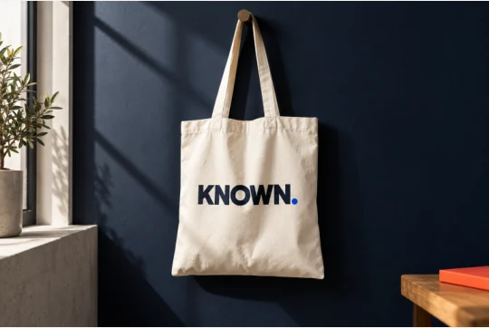 تطبيق شعار KNOWN. على حقيبة قماشية